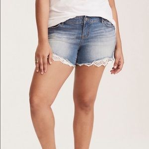 Torrid Crochet Knit Distressed Jean Shorts